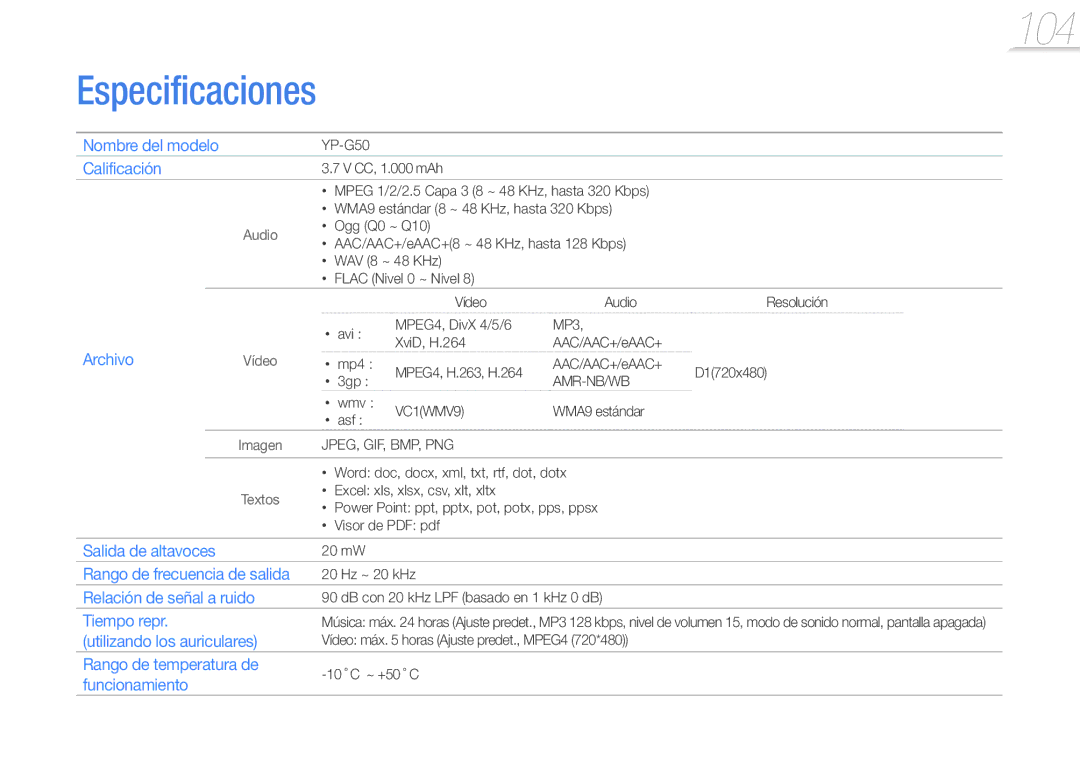 Samsung YP-G50CW/EDC manual Especificaciones 