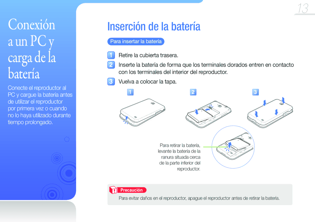 Samsung YP-G50CW/EDC manual Inserción de la batería, Para insertar la batería 