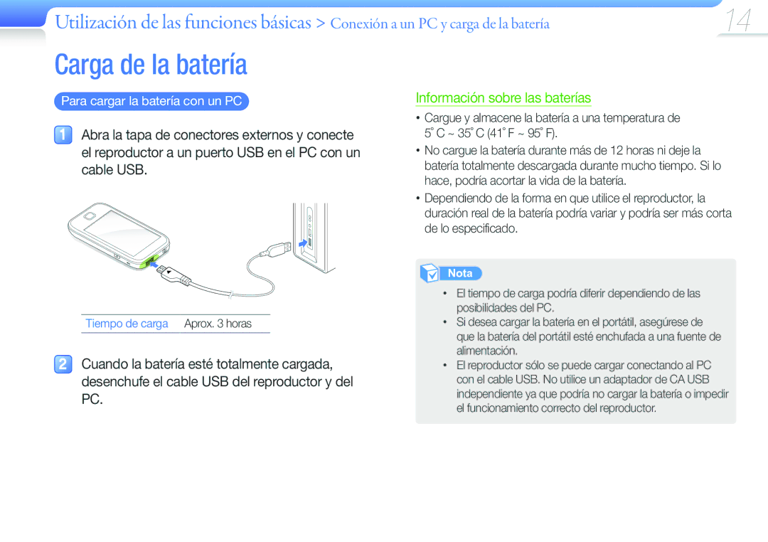 Samsung YP-G50CW/EDC manual Carga de la batería, Para cargar la batería con un PC, Tiempo de carga Aprox horas 