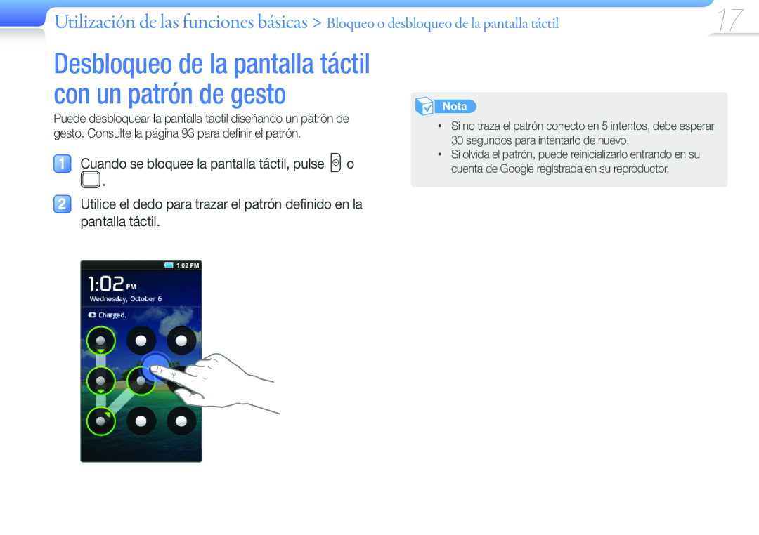 Samsung YP-G50CW/EDC manual Desbloqueo de la pantalla táctil con un patrón de gesto 