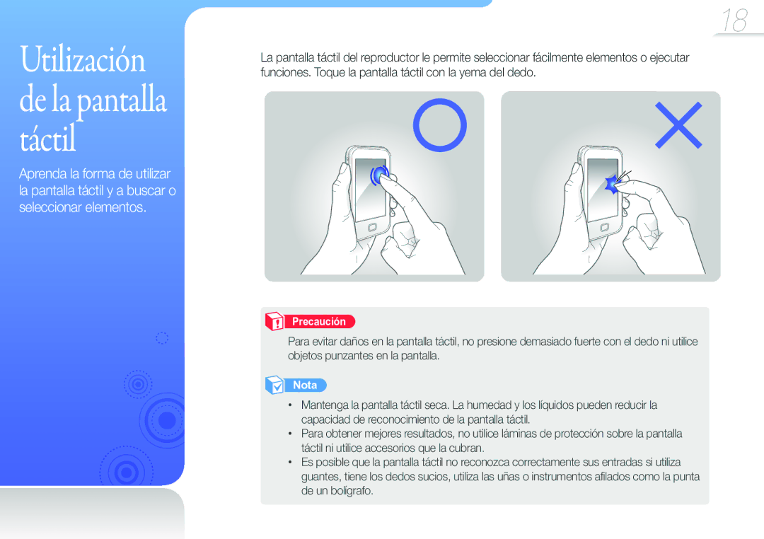 Samsung YP-G50CW/EDC manual Utilización de la pantalla táctil 