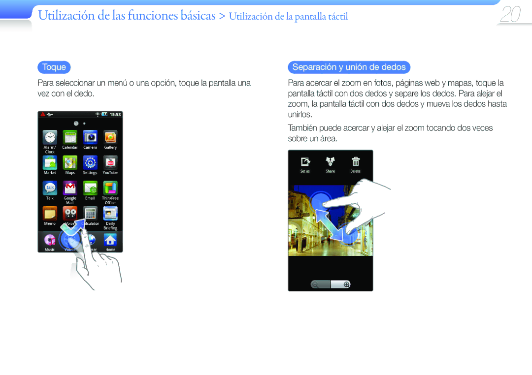 Samsung YP-G50CW/EDC manual Toque, Separación y unión de dedos 