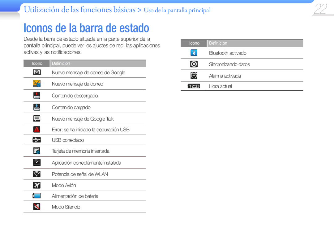 Samsung YP-G50CW/EDC manual Iconos de la barra de estado 