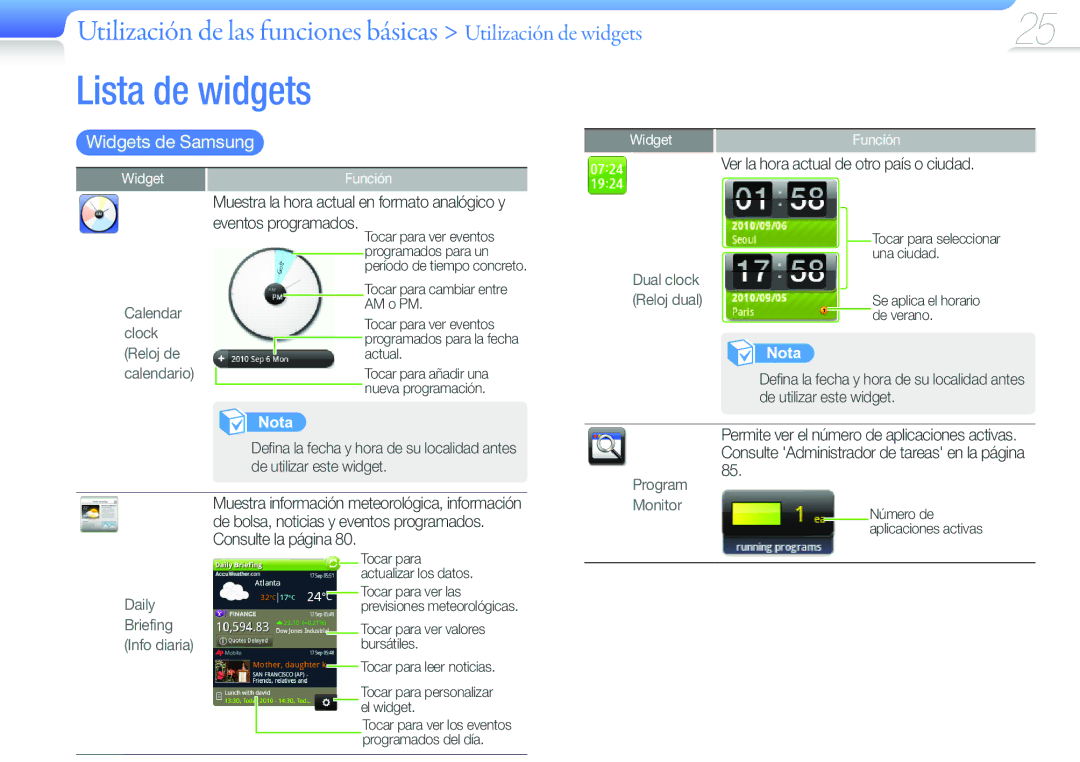 Samsung YP-G50CW/EDC Lista de widgets, Utilización de las funciones básicas Utilización de widgets, Widgets de Samsung 