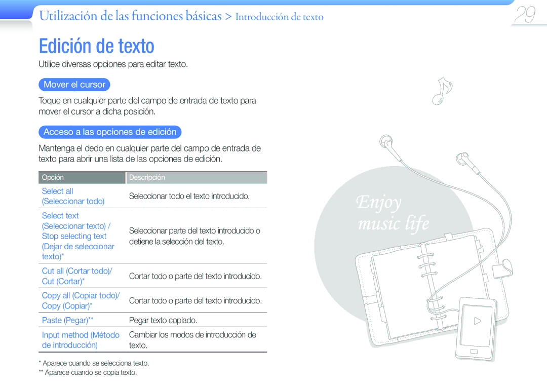 Samsung YP-G50CW/EDC manual Utilice diversas opciones para editar texto, Mover el cursor, Acceso a las opciones de edición 