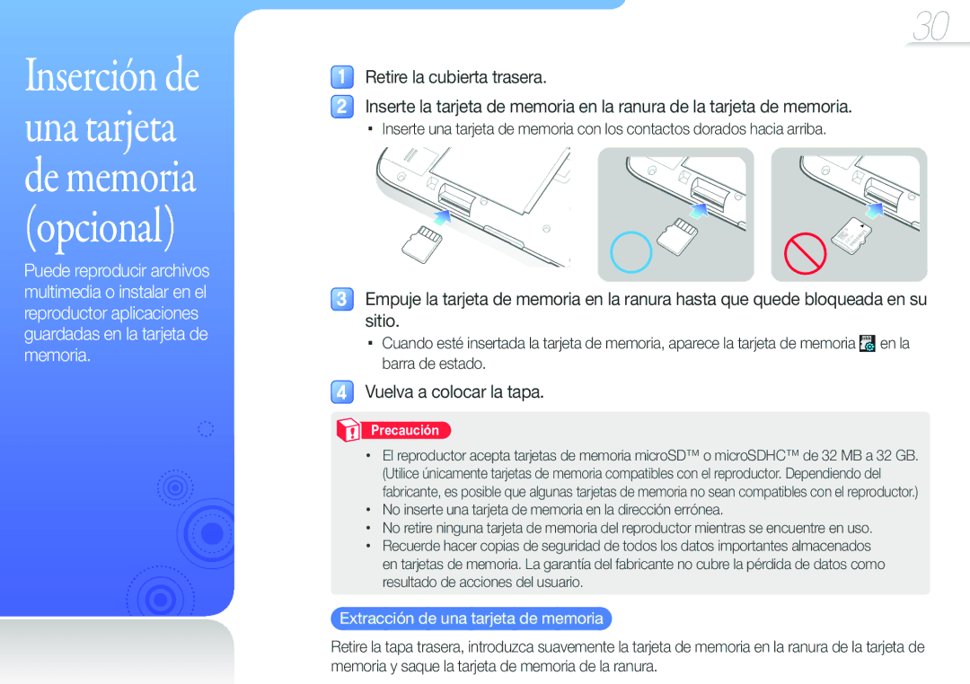 Samsung YP-G50CW/EDC manual Inserción de una tarjeta de memoria opcional, Extracción de una tarjeta de memoria 