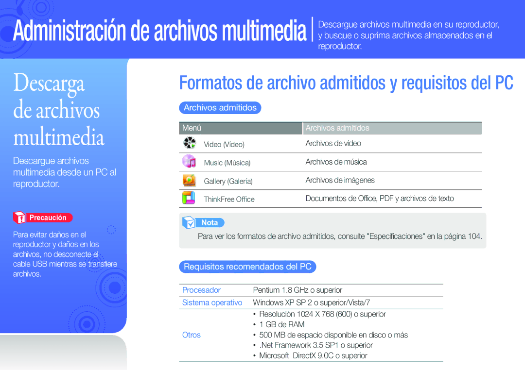 Samsung YP-G50CW/EDC manual Archivos admitidos, Requisitos recomendados del PC, Procesador, Sistema operativo, Otros 