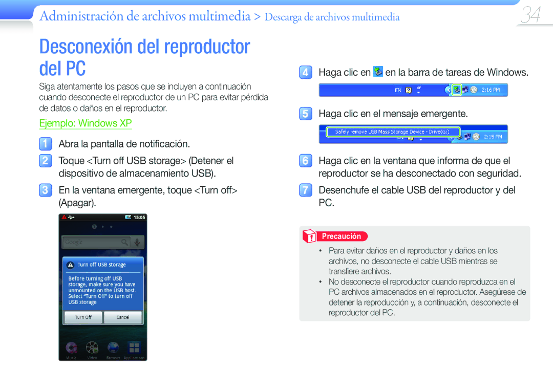 Samsung YP-G50CW/EDC manual Desconexión del reproductor del PC, Abra la pantalla de notificación 