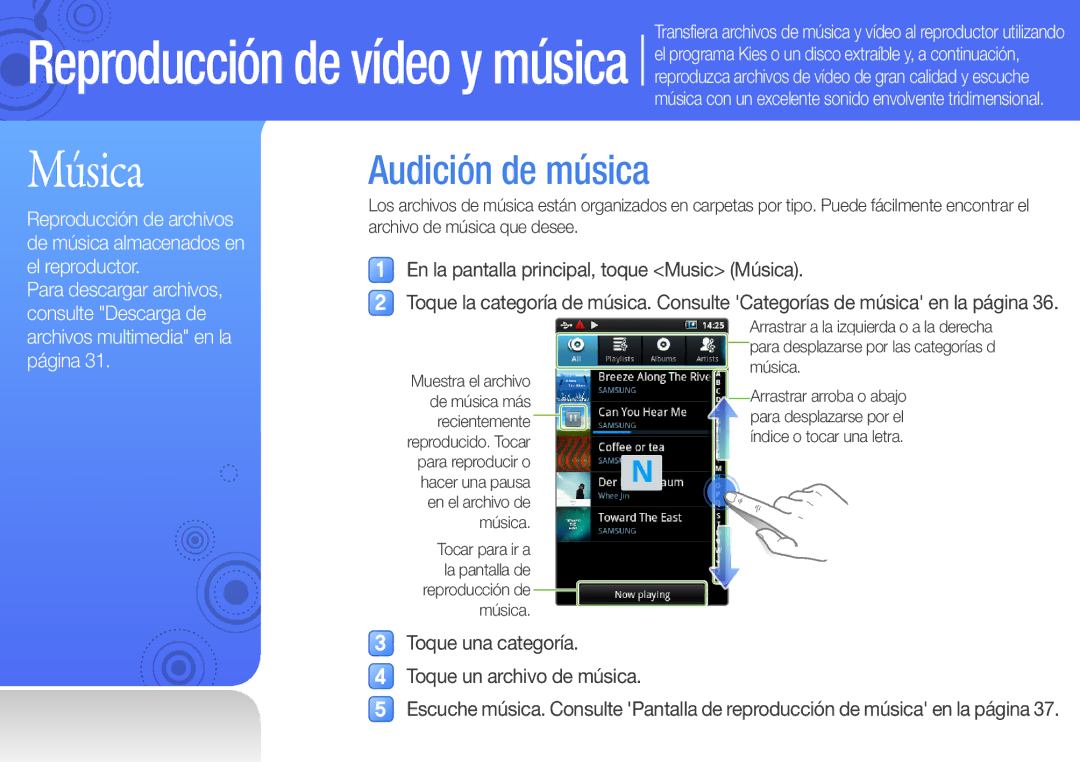 Samsung YP-G50CW/EDC manual Audición de música, En la pantalla principal, toque Music Música 