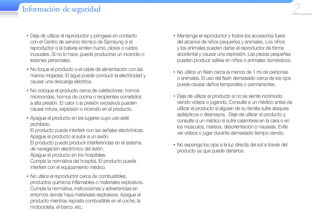 Samsung YP-G50CW/EDC manual Información de seguridad, Apague el producto en los lugares cuyo uso esté prohibido 