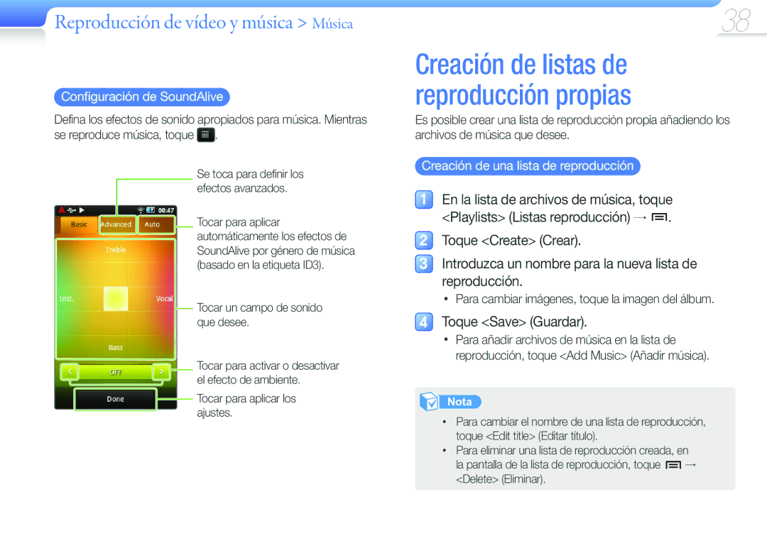 Samsung YP-G50CW/EDC manual Toque Save Guardar, Configuración de SoundAlive, Creación de una lista de reproducción 