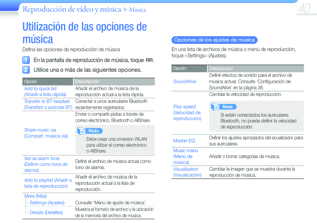 Samsung YP-G50CW/EDC manual Utilización de las opciones de música, Opciones de los ajustes de música 