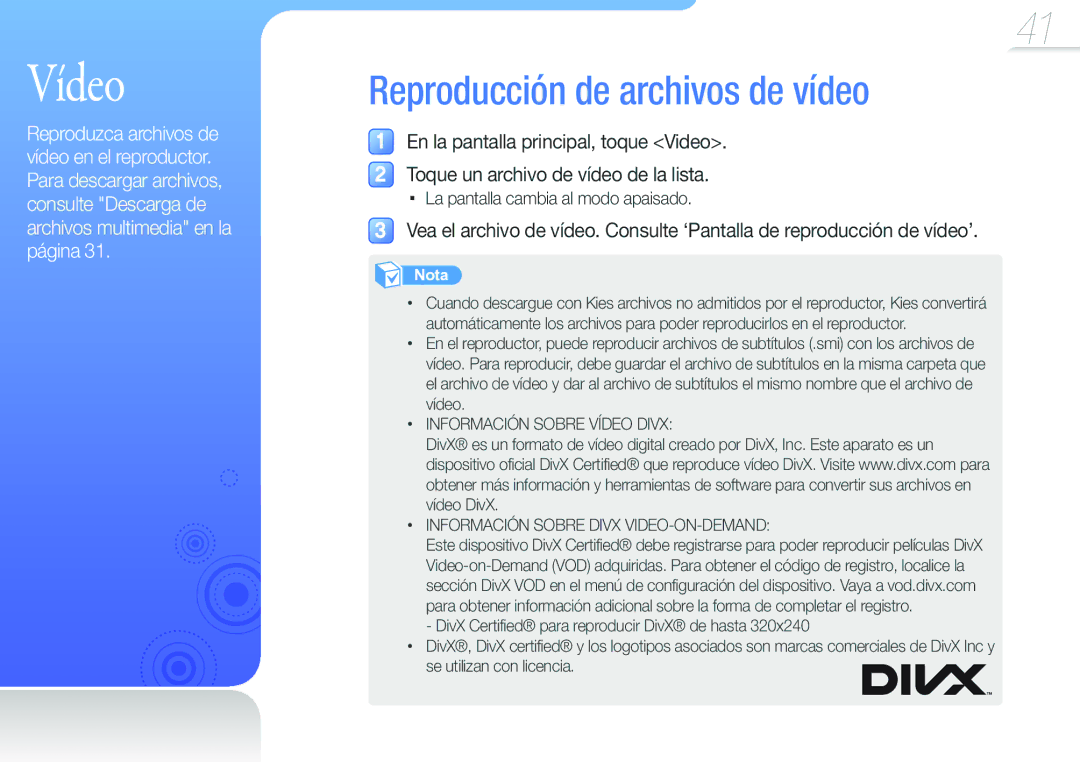 Samsung YP-G50CW/EDC manual Vídeo, Reproducción de archivos de vídeo, La pantalla cambia al modo apaisado 