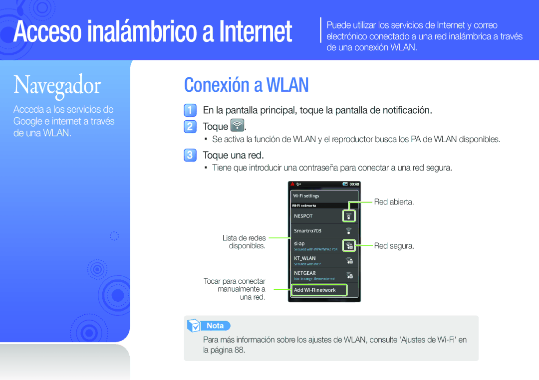 Samsung YP-G50CW/EDC manual Navegador, Conexión a Wlan, Toque una red, Red abierta 