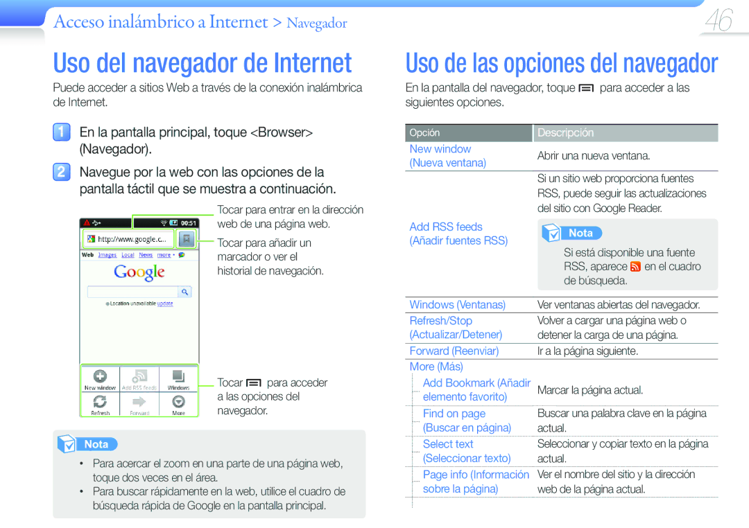 Samsung YP-G50CW/EDC manual Pantalla táctil que se muestra a continuación 