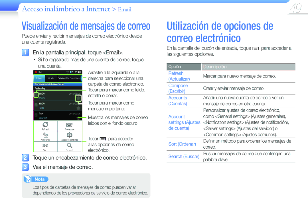 Samsung YP-G50CW/EDC manual Acceso inalámbrico a Internet Email, En la pantalla principal, toque Email 