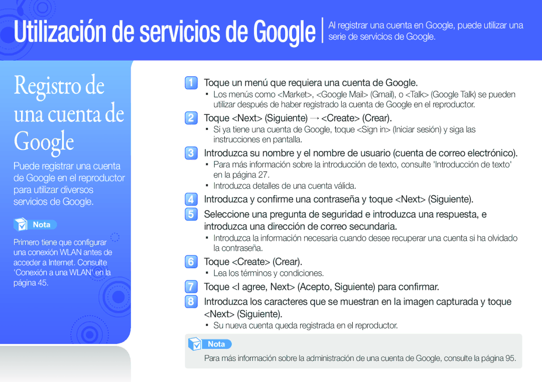 Samsung YP-G50CW/EDC manual Toque un menú que requiera una cuenta de Google, Toque Next Siguiente → Create Crear 