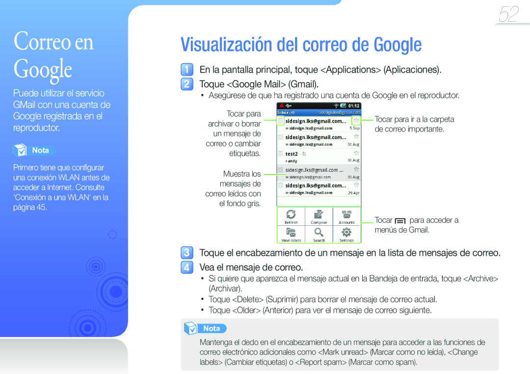 Samsung YP-G50CW/EDC manual Visualización del correo de Google, Puede utilizar el servicio GMail con una cuenta de 