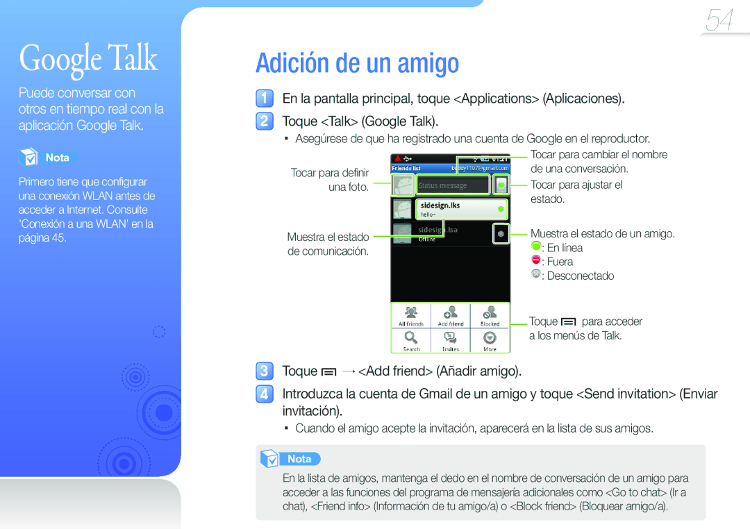 Samsung YP-G50CW/EDC manual Google Talk, Adición de un amigo 