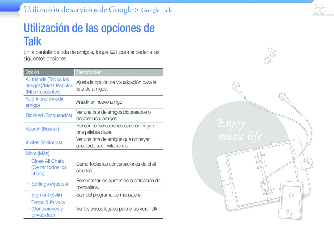 Samsung YP-G50CW/EDC manual Utilización de las opciones de Talk, Utilización de servicios de Google Google Talk 