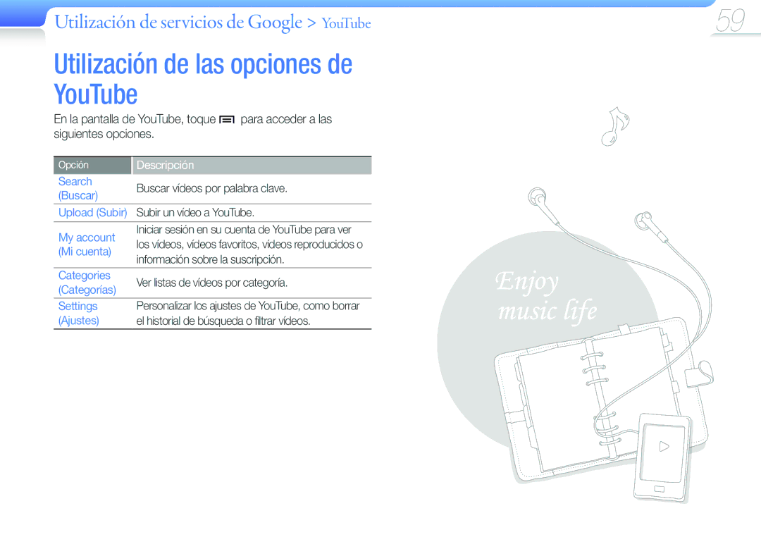 Samsung YP-G50CW/EDC manual Utilización de las opciones de YouTube, Utilización de servicios de Google YouTube 