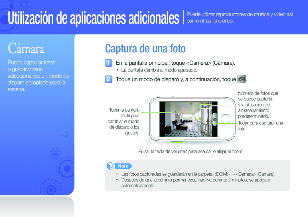 Samsung YP-G50CW/EDC manual Captura de una foto, En la pantalla principal, toque Camera Cámara 