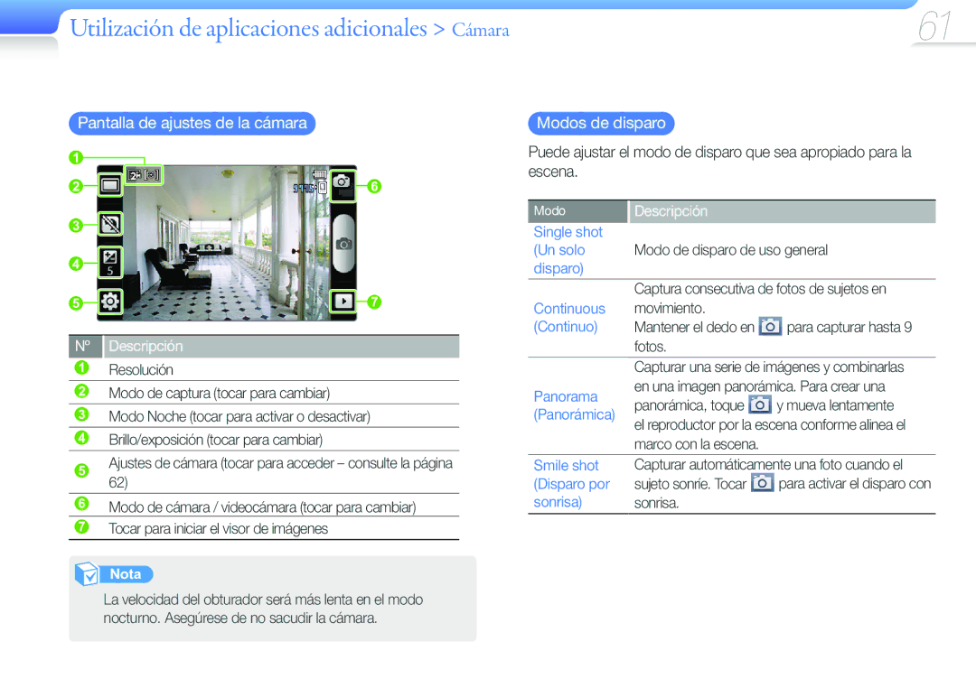 Samsung YP-G50CW/EDC Utilización de aplicaciones adicionales Cámara, Pantalla de ajustes de la cámara, Modos de disparo 