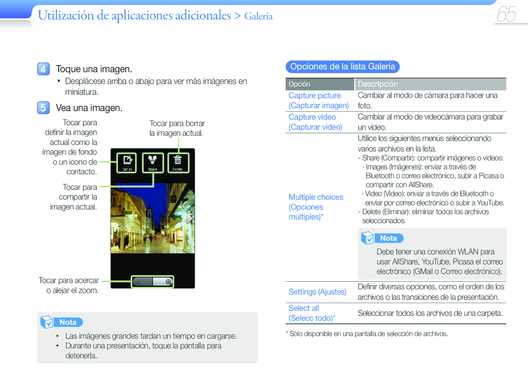 Samsung YP-G50CW/EDC manual Utilización de aplicaciones adicionales Galería, Toque una imagen, Vea una imagen 