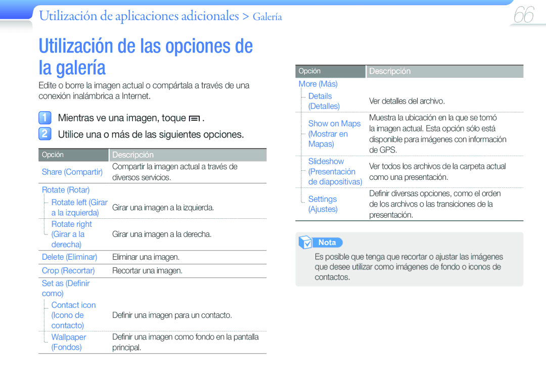 Samsung YP-G50CW/EDC Share Compartir, Rotate Rotar Rotate left Girar, La izquierda Rotate right Girar a la, Crop Recortar 