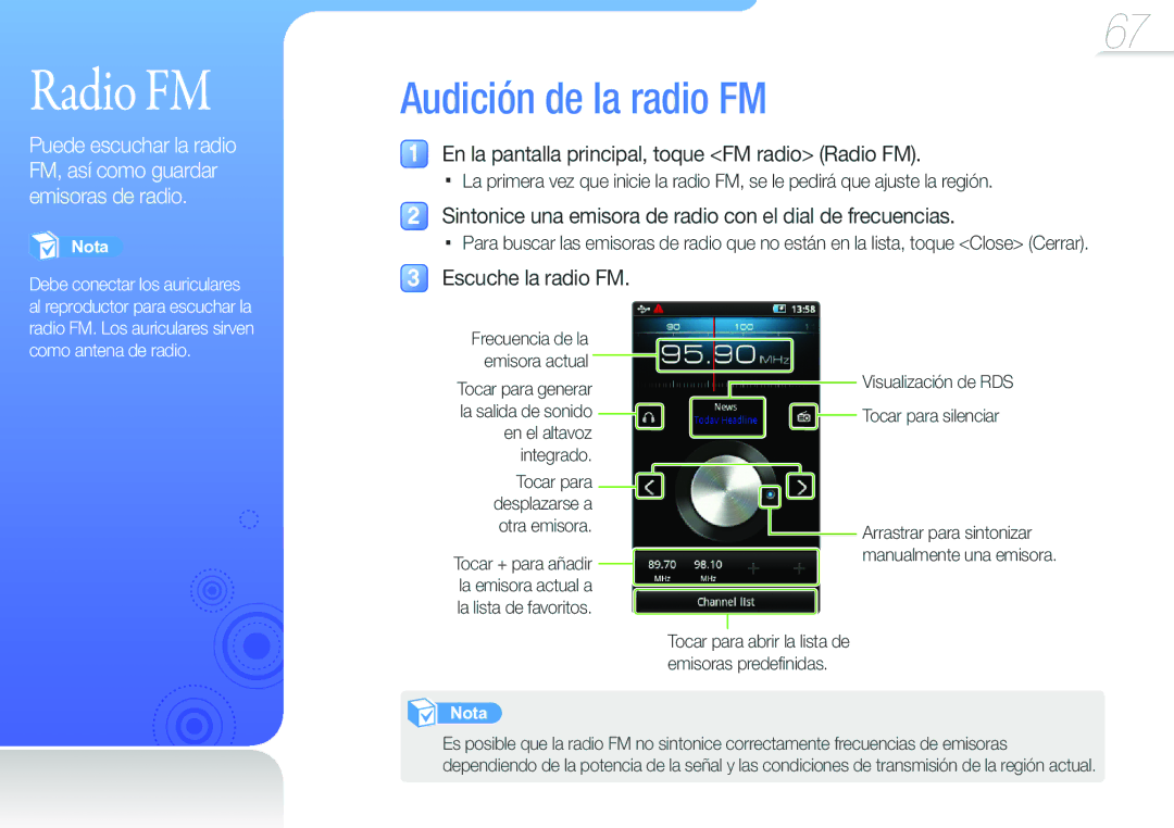 Samsung YP-G50CW/EDC manual En la pantalla principal, toque FM radio Radio FM, Escuche la radio FM 