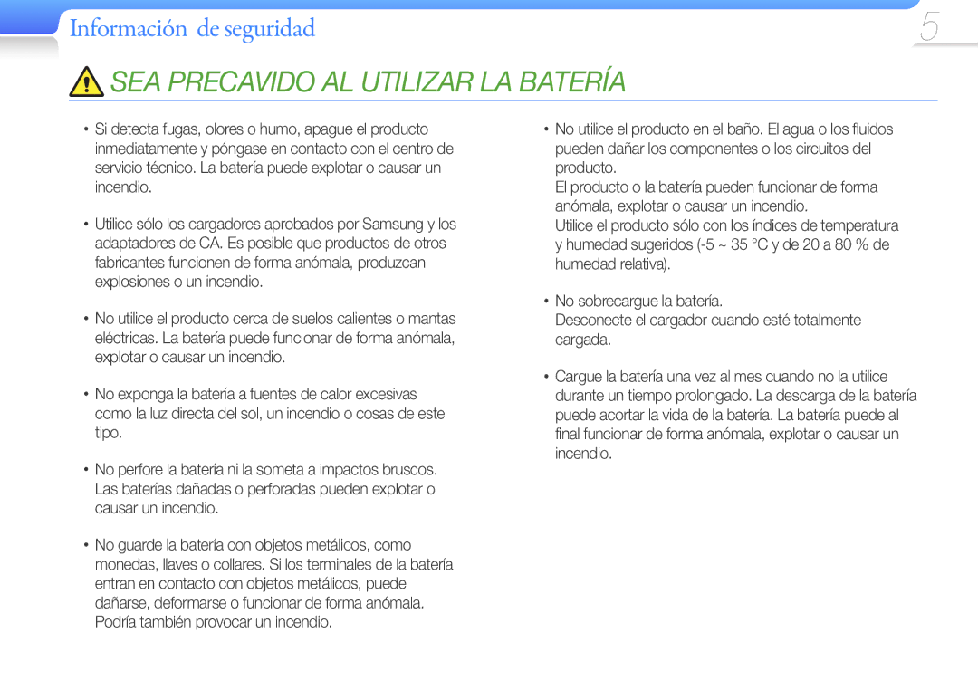 Samsung YP-G50CW/EDC manual SEA Precavido AL Utilizar LA Batería 