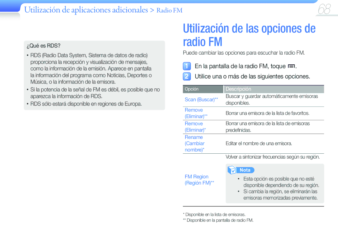 Samsung YP-G50CW/EDC manual Utilización de las opciones de radio FM, Utilización de aplicaciones adicionales Radio FM 