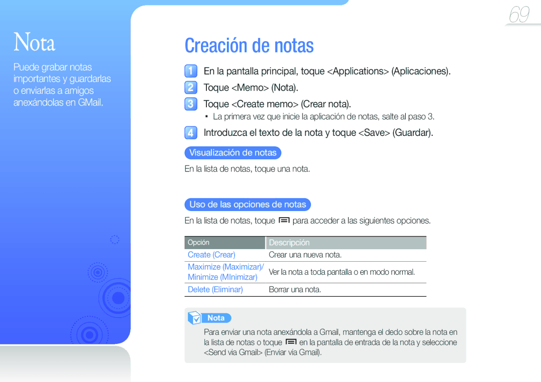 Samsung YP-G50CW/EDC manual Nota, Introduzca el texto de la nota y toque Save Guardar, Visualización de notas 