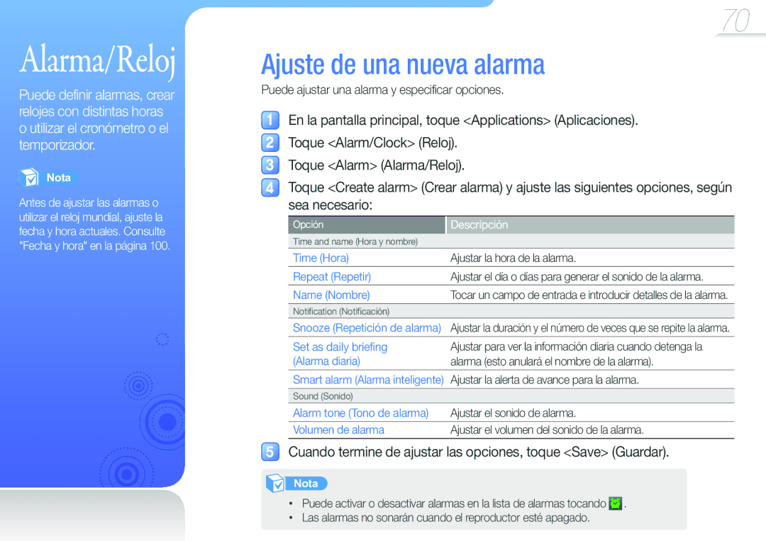 Samsung YP-G50CW/EDC manual Alarma/Reloj, Cuando termine de ajustar las opciones, toque Save Guardar 