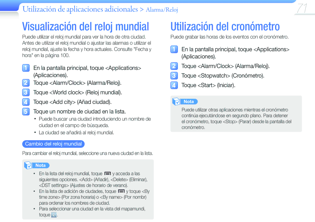 Samsung YP-G50CW/EDC manual Utilización del cronómetro, Utilización de aplicaciones adicionales Alarma/Reloj 