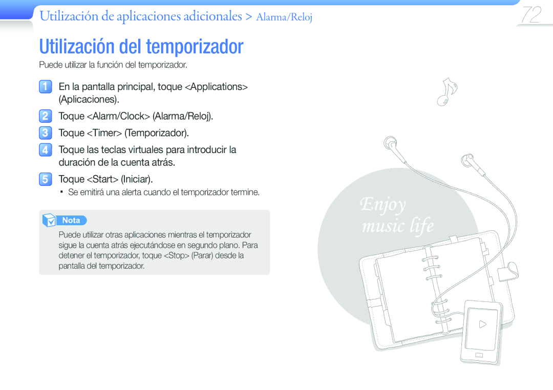 Samsung YP-G50CW/EDC manual Utilización del temporizador, Toque Start Iniciar, Puede utilizar la función del temporizador 