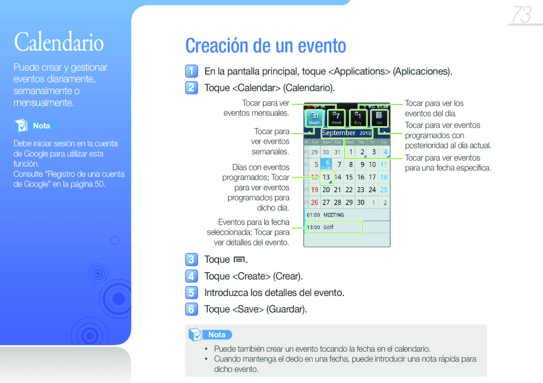 Samsung YP-G50CW/EDC manual Calendario, Puede crear y gestionar eventos diariamente, semanalmente o 