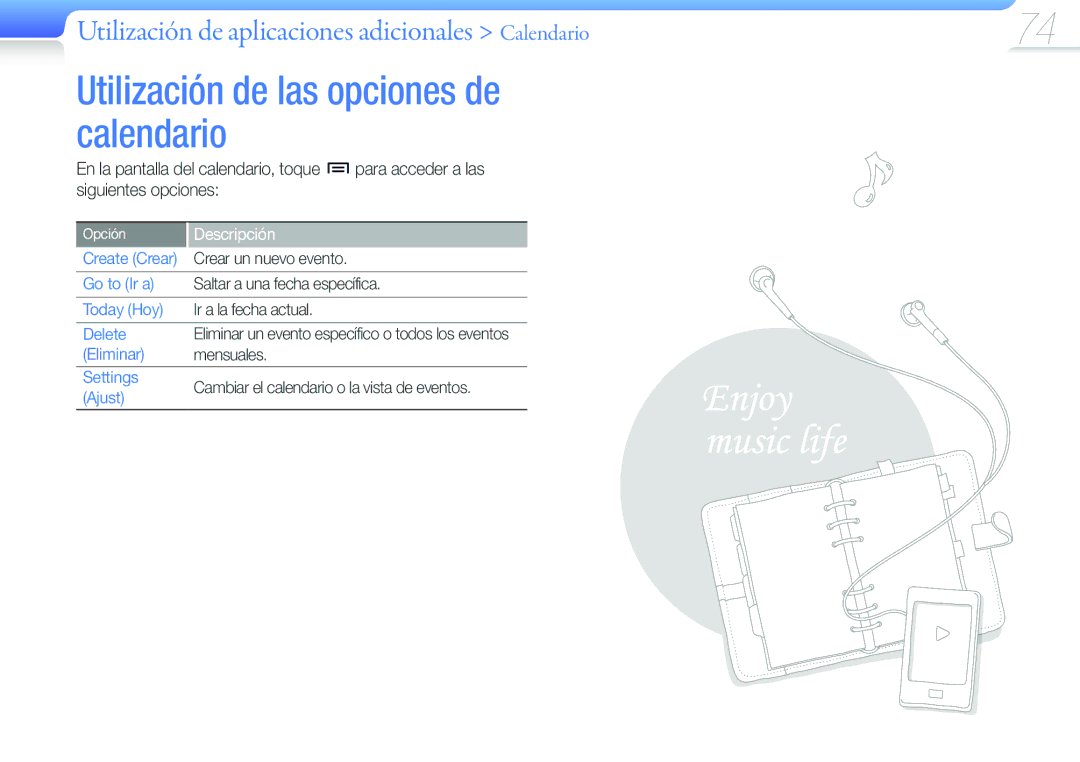 Samsung YP-G50CW/EDC manual Utilización de las opciones de calendario, Utilización de aplicaciones adicionales Calendario 