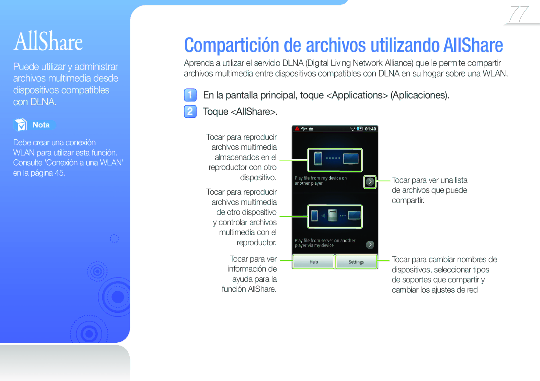 Samsung YP-G50CW/EDC manual Toque AllShare, Tocar para ver una lista de archivos que puede compartir 