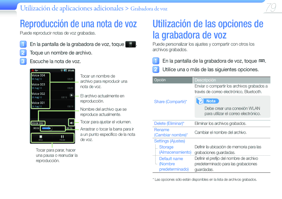 Samsung YP-G50CW/EDC Utilización de aplicaciones adicionales Grabadora de voz, Puede reproducir notas de voz grabadas 