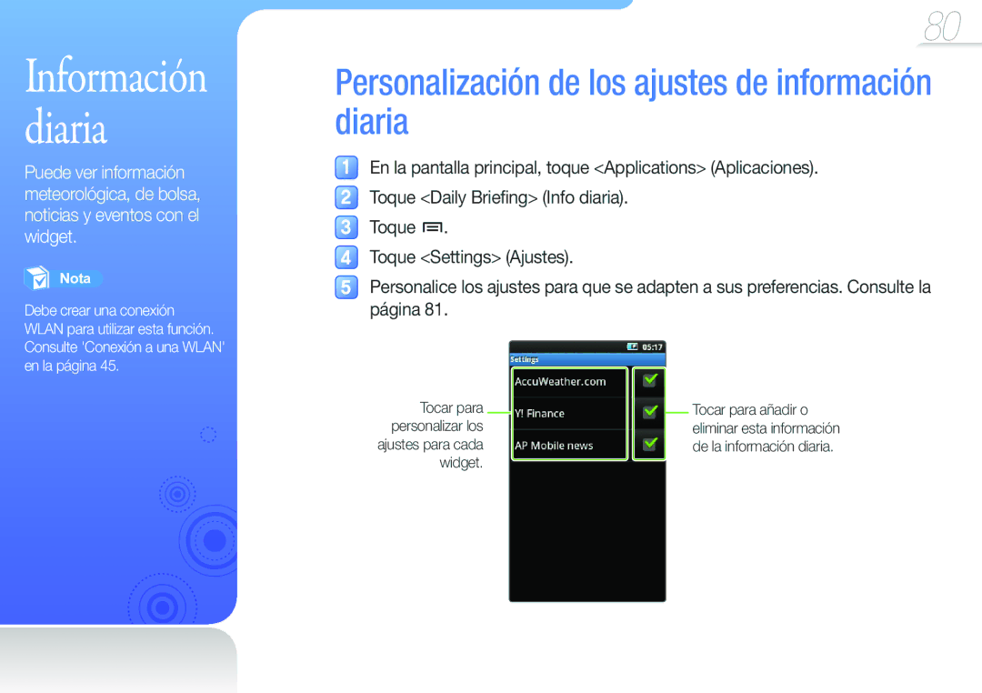 Samsung YP-G50CW/EDC manual Información diaria, Tocar para personalizar los ajustes para cada widget 