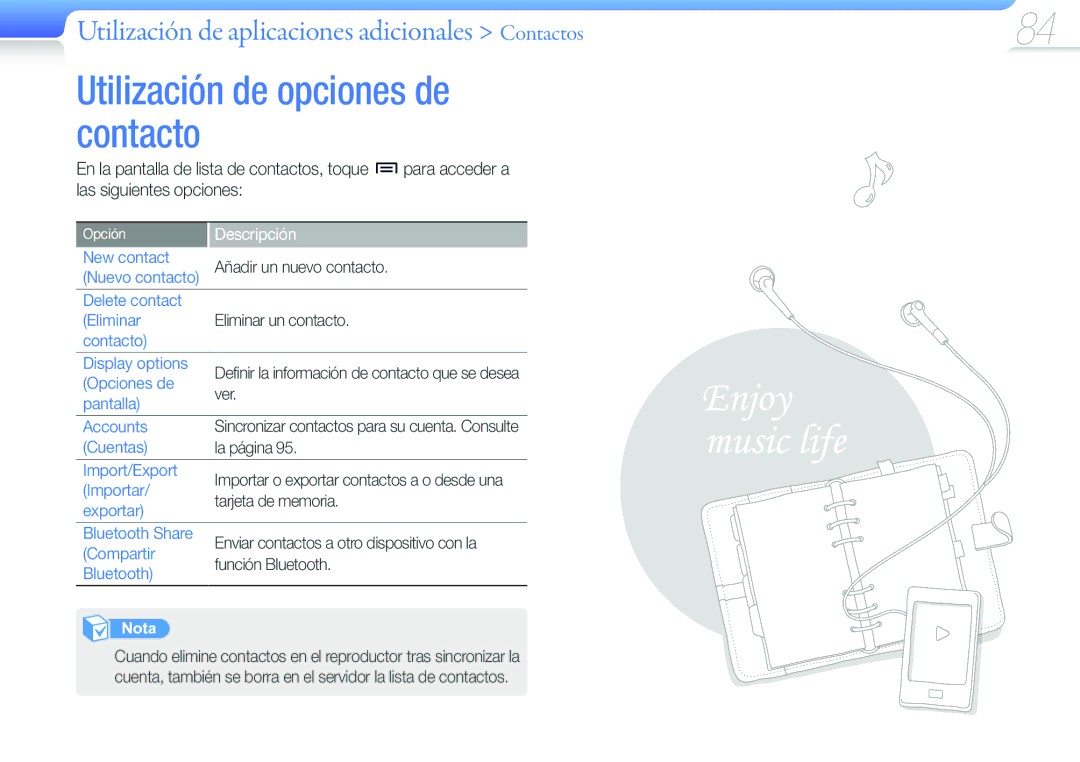 Samsung YP-G50CW/EDC manual Utilización de opciones de contacto, Utilización de aplicaciones adicionales Contactos 