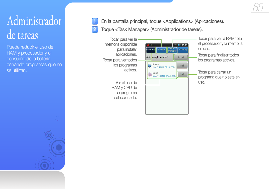 Samsung YP-G50CW/EDC manual Administrador de tareas, Tocar para cerrar un programa que no esté en uso 