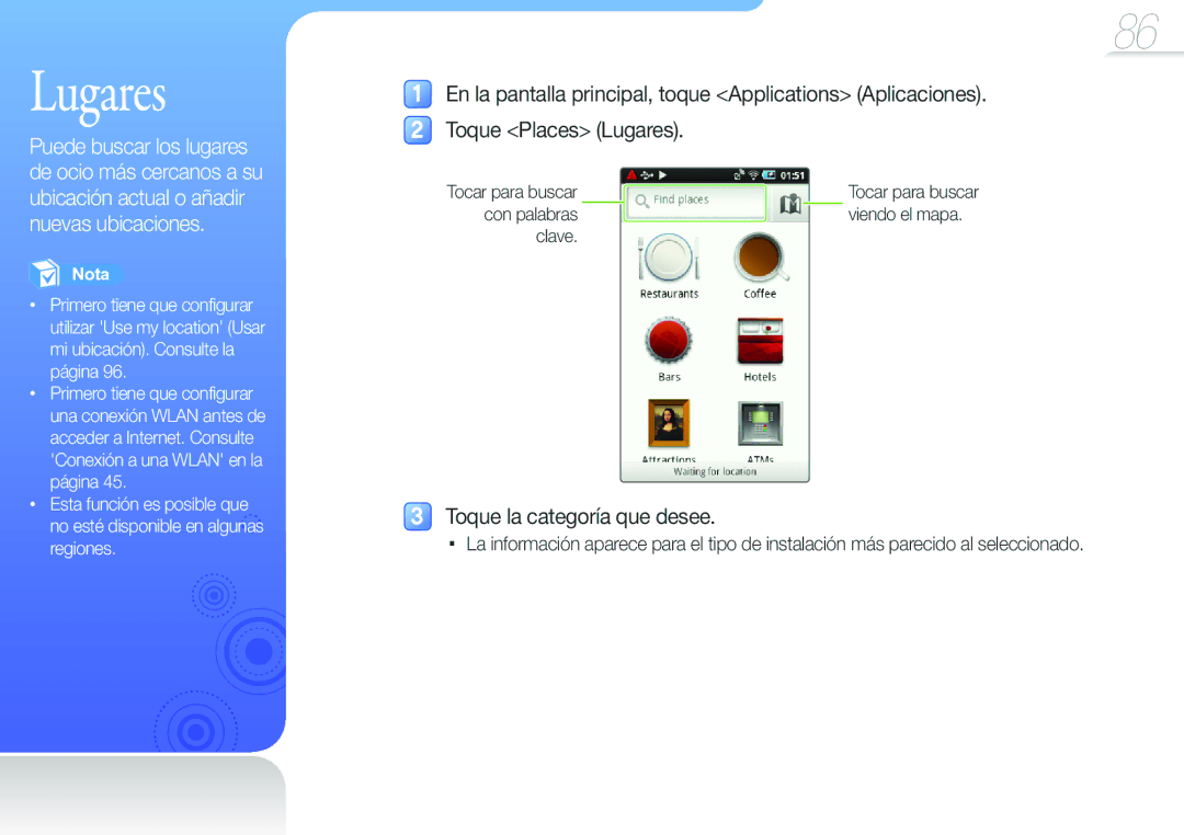 Samsung YP-G50CW/EDC manual Lugares, Toque la categoría que desee, Clave 