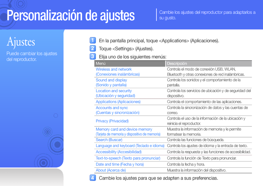 Samsung YP-G50CW/EDC manual Ajustes, Cambie los ajustes para que se adapten a sus preferencias 