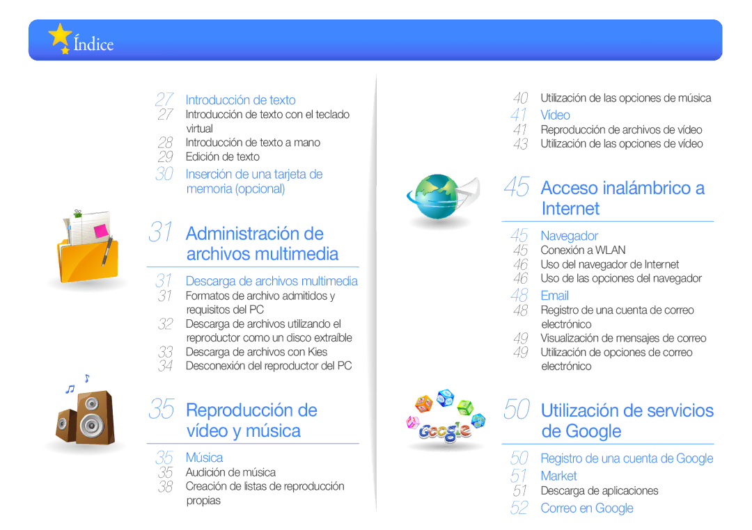 Samsung YP-G50CW/EDC manual Índice, Descarga de aplicaciones 