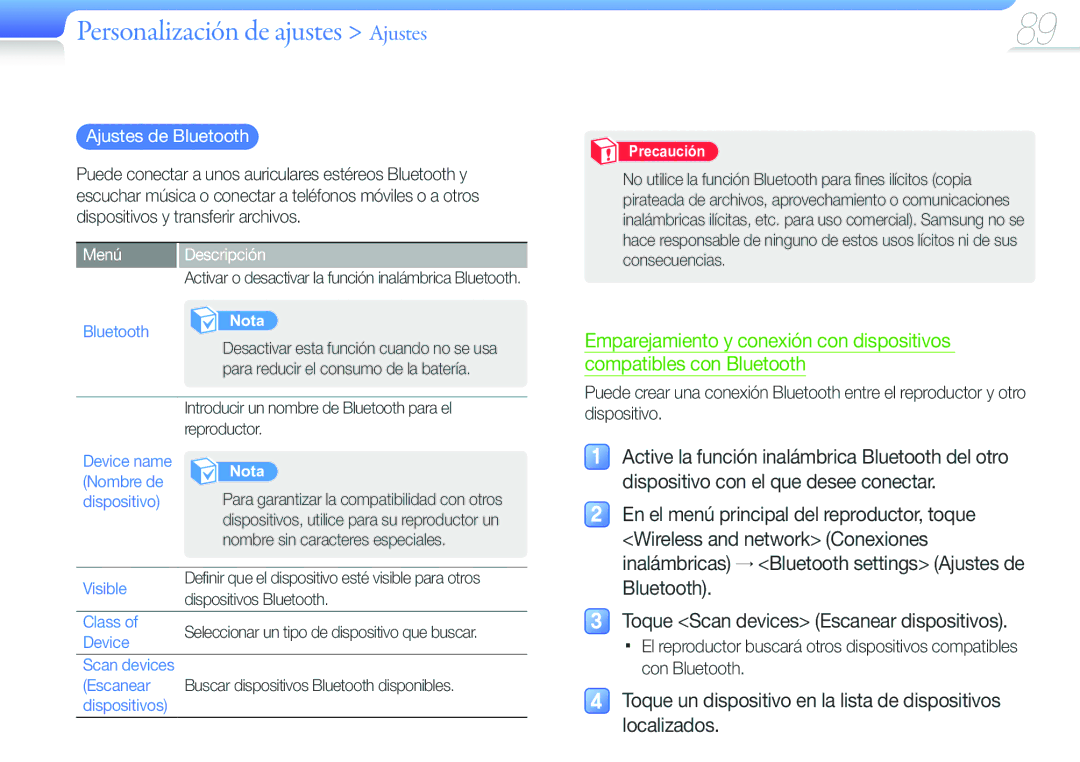 Samsung YP-G50CW/EDC manual Ajustes de Bluetooth 