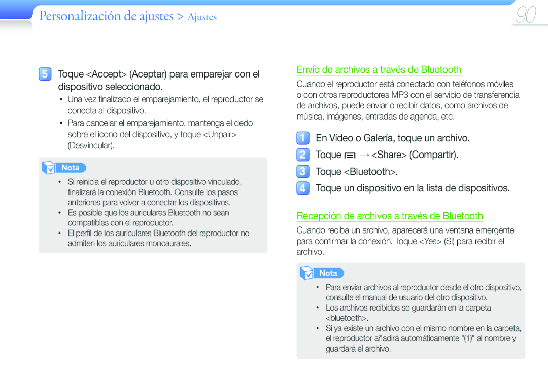 Samsung YP-G50CW/EDC manual Envío de archivos a través de Bluetooth 