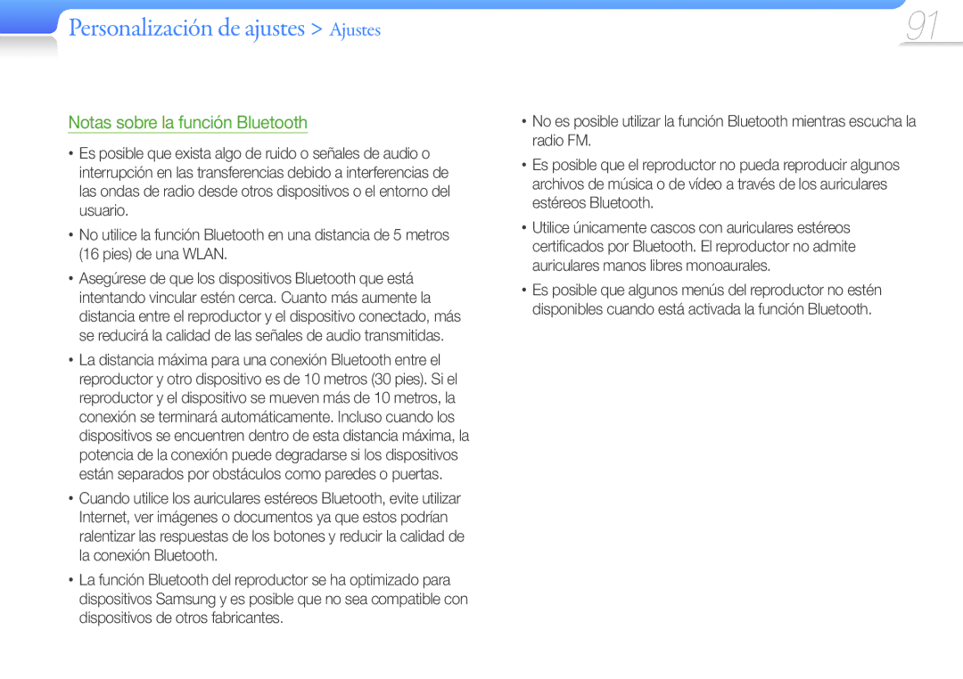 Samsung YP-G50CW/EDC manual Notas sobre la función Bluetooth 