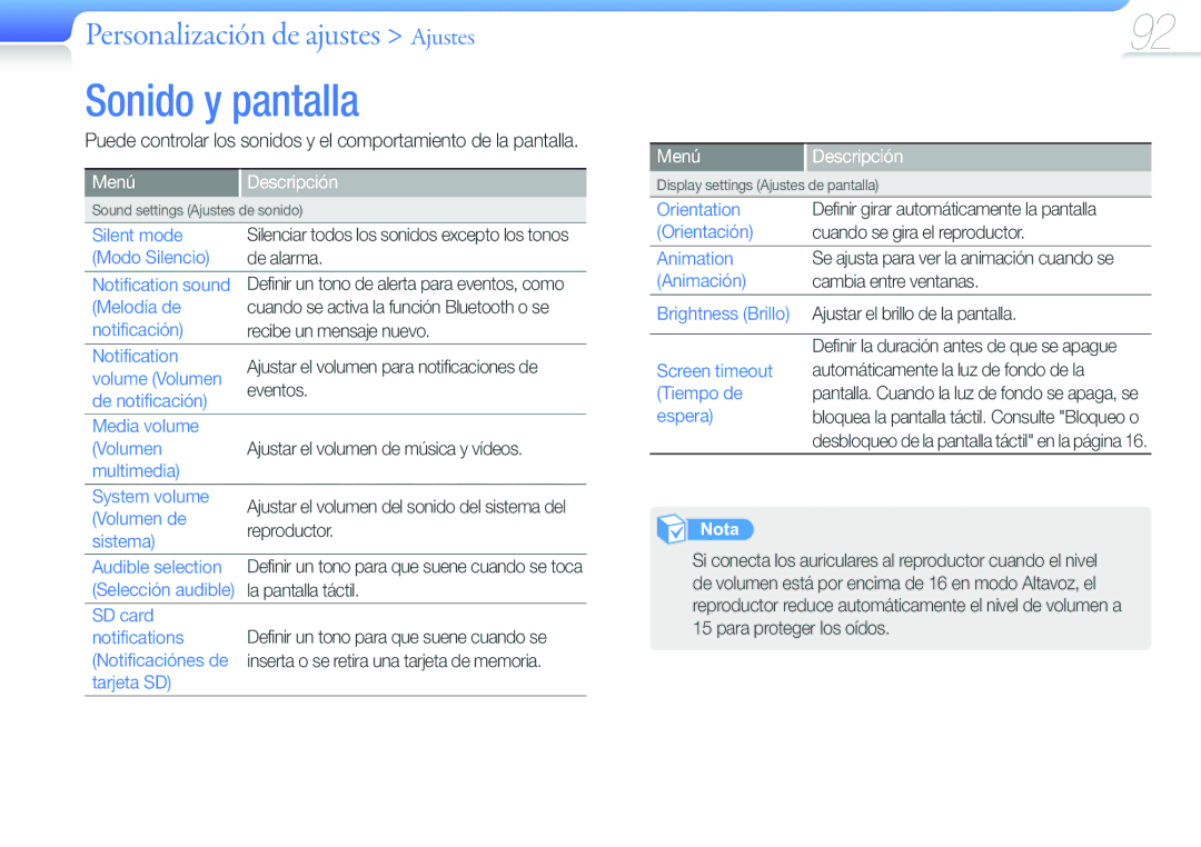 Samsung YP-G50CW/EDC manual Sonido y pantalla 